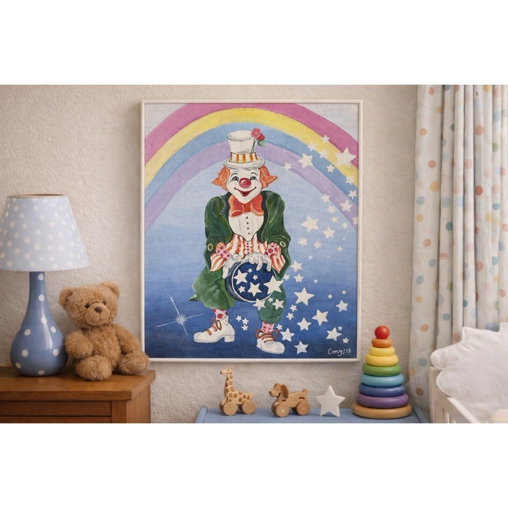 Vintage Framed Retro Clown Painting | Whimsical Circus Wall Art | Artist Signed